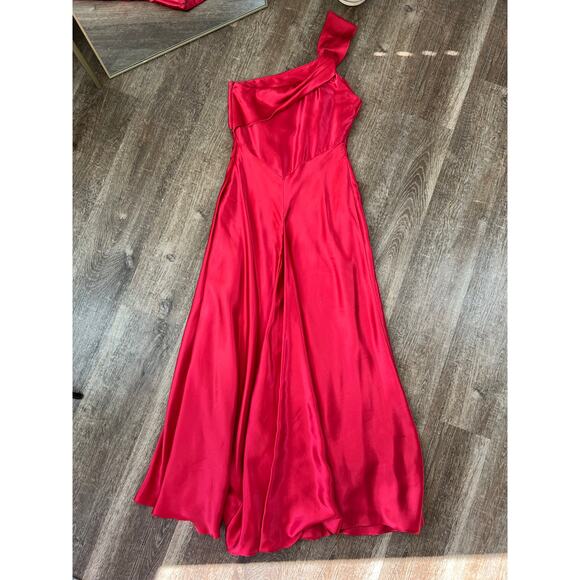 Jessica McClintook for Gunne Sax Vintage Beautiful Red One Shoulder Satin Dress - Picture 3 of 11